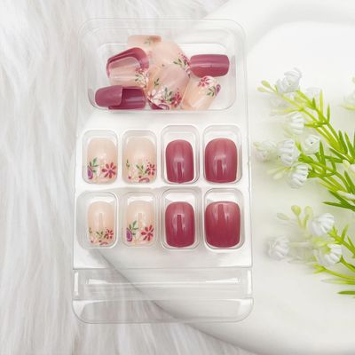 Press on Nails Short Square Fake Nails with Floral Designs Purple Nails Press ons Glossy Glue on Nails Spring Acrylic Nails Nude False Nails Artificial Stick on Nails for Women 24Pcs