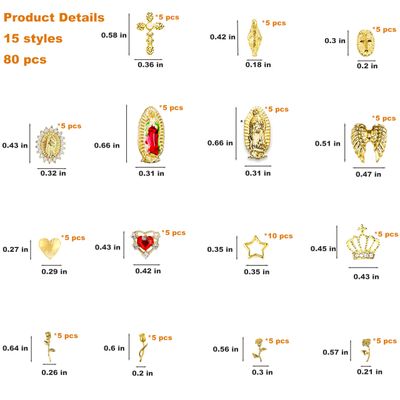 ZAKCBEAUR 80Pcs Gold Virgin Mary Nail Charms Set with Crowns, Crosses, Hearts, Angel Wings, Stars,four types of Roses, for Women Girls Nail Decorations DIY Craft