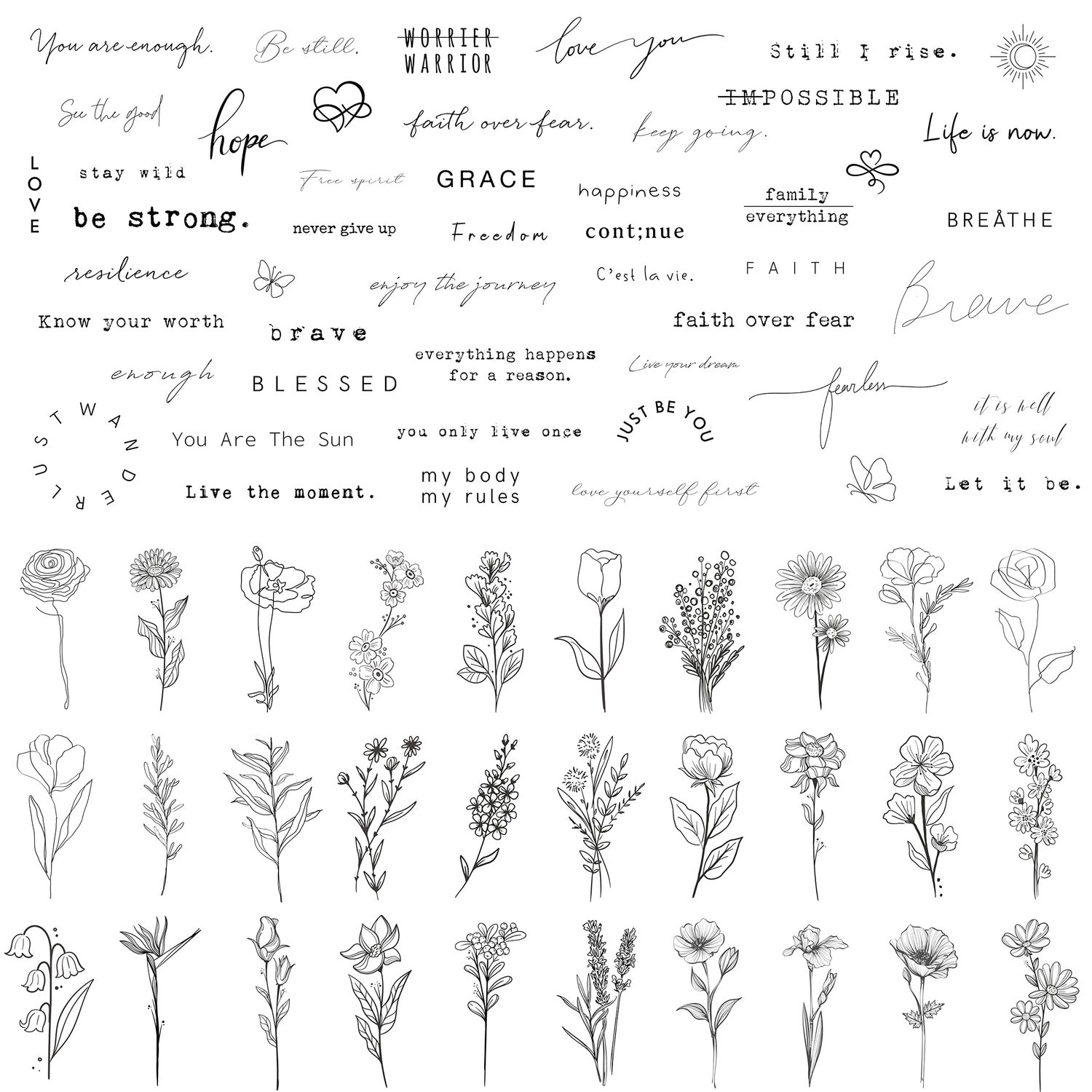 TATUWST Realistic Temporary Tattoos - 60 Sheets Tiny Small Removable Tattoos, 30 Pcs Inspirational Quotes Words Tattoos, 30 Pcs Wild Flower Ink Line Botanical Floral Leaf Tattoo Stickers for Women