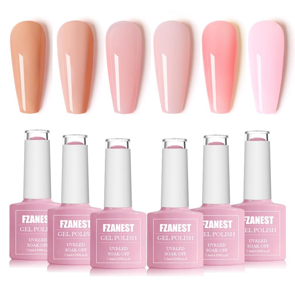 FZANEST Gel Nail Polish Jelly Nude Set,Sheer Natural Milky Pink 6 Colors Gel Polish Nail Kit Soak Off LED UV Varnish Nail Art Manicure Kit