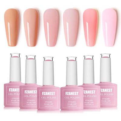 FZANEST Gel Nail Polish Jelly Nude Set,Sheer Natural Milky Pink 6 Colors Gel Polish Nail Kit Soak Off LED UV Varnish Nail Art Manicure Kit