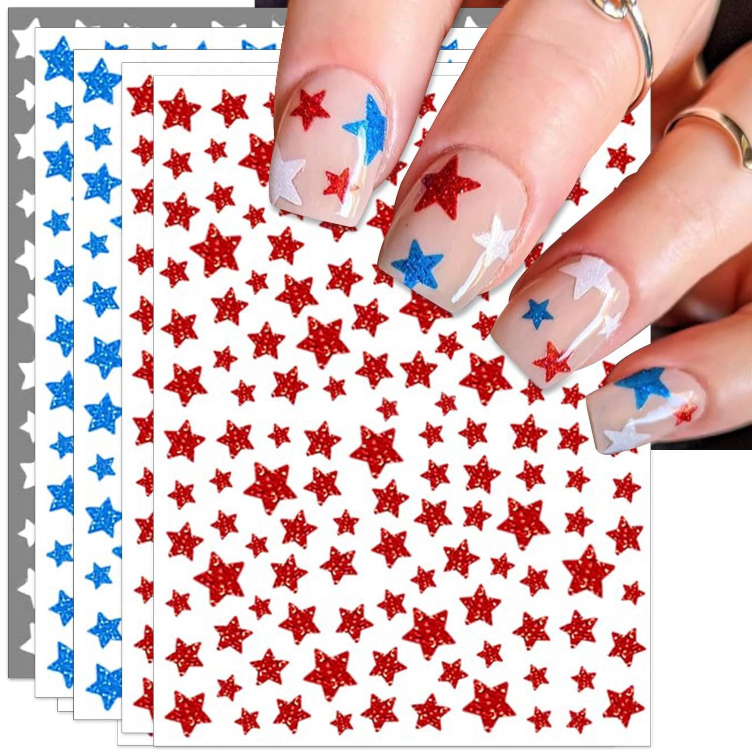 IDDFEVE Independence Day Nail Stickers, Glitter Red Blue White Star for Independence Day Patriotic Nail Decals, 3D Design Self-Adhesive USA Flag Star Nail Art (6 Sheets)