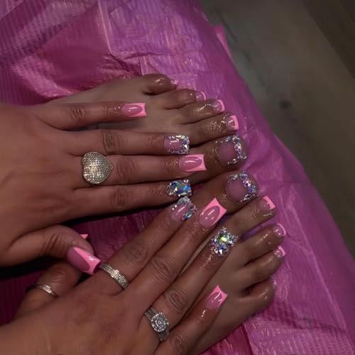 48 Pcs Diamond Press on Nails &amp; Press on Toenails Set Square Fake Nails with Pink Design French Tip Glue on Nails Glossy Artificial Acrylic Full Cover False Toe Nails Stick on Nails for Women Manicure