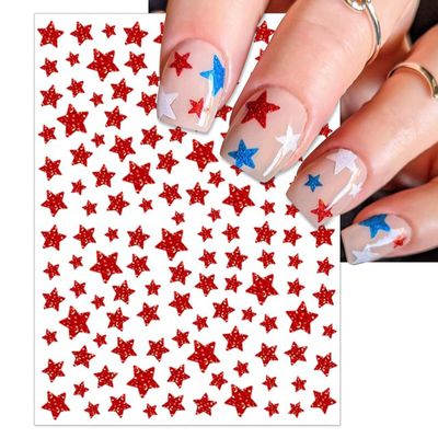 IDDFEVE Independence Day Nail Stickers, Glitter Red Blue White Star for Independence Day Patriotic Nail Decals, 3D Design Self-Adhesive USA Flag Star Nail Art (6 Sheets)