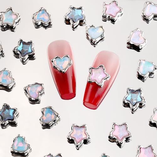 30 Pcs Alloy Heart Star Nail Rhinestones Nail Charms Y2K,Luxury Five Pointed Stars Hearts Nail Gems Nail Design Charms for Nails Shiny 3D Nail Diamonds Crystals Nail Charm for Nail Supplies Nail Art