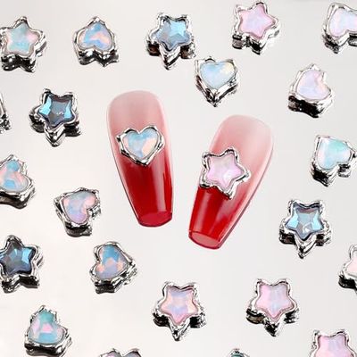 30 Pcs Alloy Heart Star Nail Rhinestones Nail Charms Y2K,Luxury Five Pointed Stars Hearts Nail Gems Nail Design Charms for Nails Shiny 3D Nail Diamonds Crystals Nail Charm for Nail Supplies Nail Art