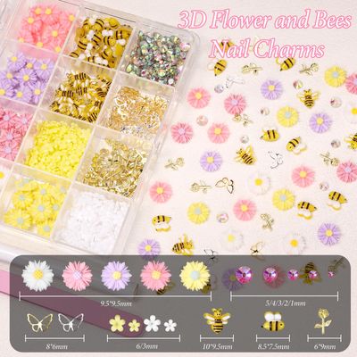 3D Flower Nail Charms, Cute Bee Daisy Flowers Charms for Acrylic Nails, Alloy Rose Butterfly Rivet Charm and AB Rhinestones Gems for Nails Art Designs Accessories