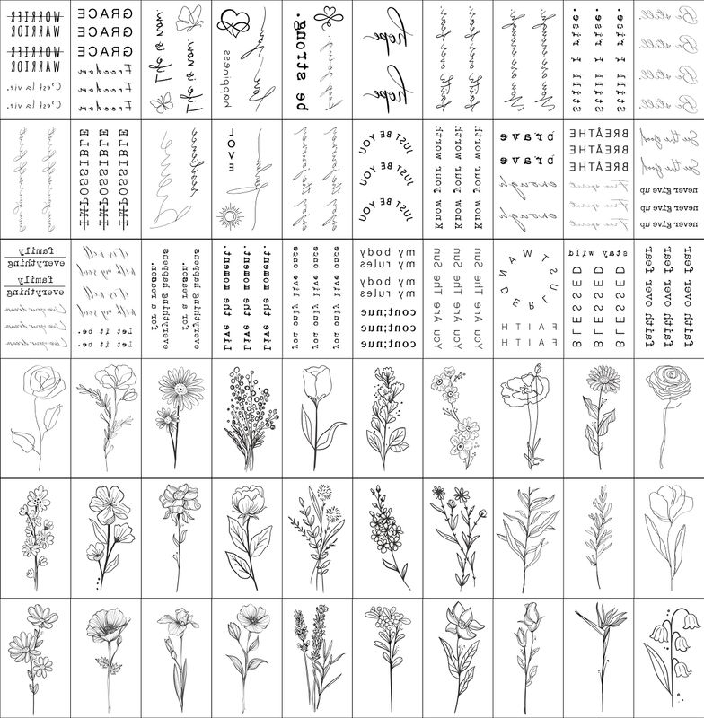TATUWST Realistic Temporary Tattoos - 60 Sheets Tiny Small Removable Tattoos, 30 Pcs Inspirational Quotes Words Tattoos, 30 Pcs Wild Flower Ink Line Botanical Floral Leaf Tattoo Stickers for Women