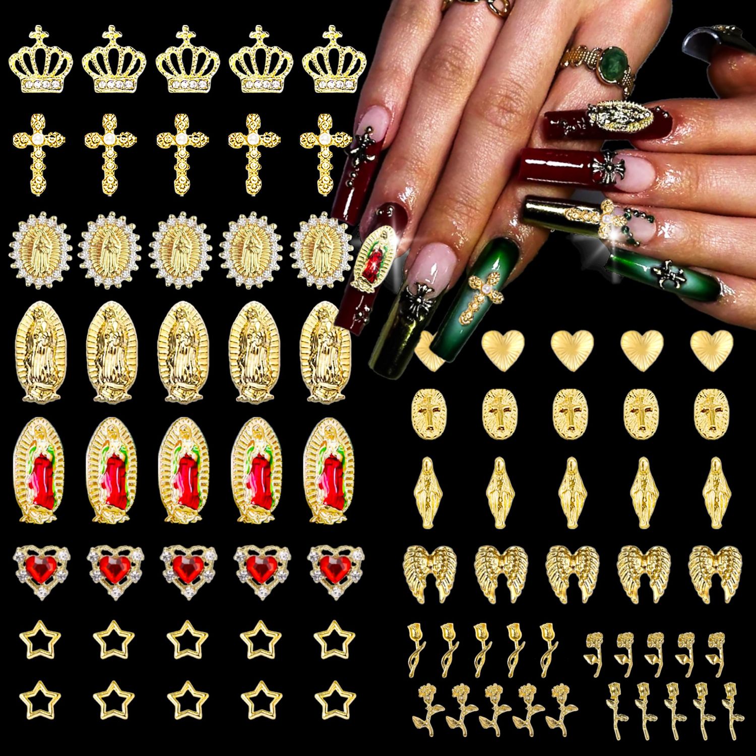 ZAKCBEAUR 80Pcs Gold Virgin Mary Nail Charms Set with Crowns, Crosses, Hearts, Angel Wings, Stars,four types of Roses, for Women Girls Nail Decorations DIY Craft