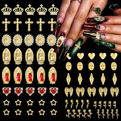 ZAKCBEAUR 80Pcs Gold Virgin Mary Nail Charms Set with Crowns, Crosses, Hearts, Angel Wings, Stars,four types of Roses, for Women Girls Nail Decorations DIY Craft