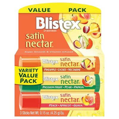 Blistex Satin Nectar Lip Balm, 0.15 oz, 3 Count, Lip Moisturizer Variety Pack, Moisturizes and Comforts Dry Lips, Refreshing Flavor Blend, Easy Glide Formula for Full Coverage, 1 Pack