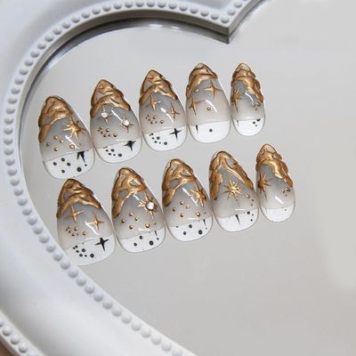 Gold Press on Nails Short Almond Fake Nails 3D Gold Irregularity Chrome Design Glue on Nails French Tip Acrylic False Nails Full Cover Star Stick on Nails for Women Manicure Art 24Pcs