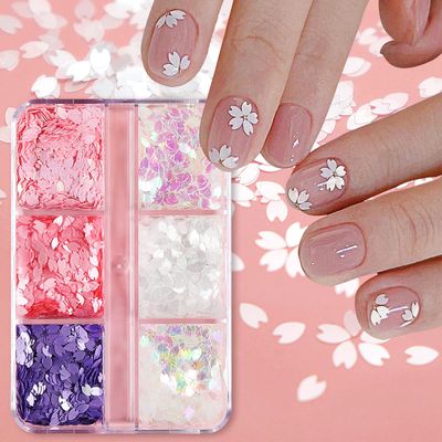 6 Colors Flowers Nail Art Glitter Sequins Cherry Blossoms Nails Accessories 3D Holographic Sakura Petal Nail Glitter Flakes Design Acrylic Nail Art Supplies for Women Summer Nail Decoration