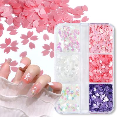 6 Colors Flowers Nail Art Glitter Sequins Cherry Blossoms Nails Accessories 3D Holographic Sakura Petal Nail Glitter Flakes Design Acrylic Nail Art Supplies for Women Summer Nail Decoration