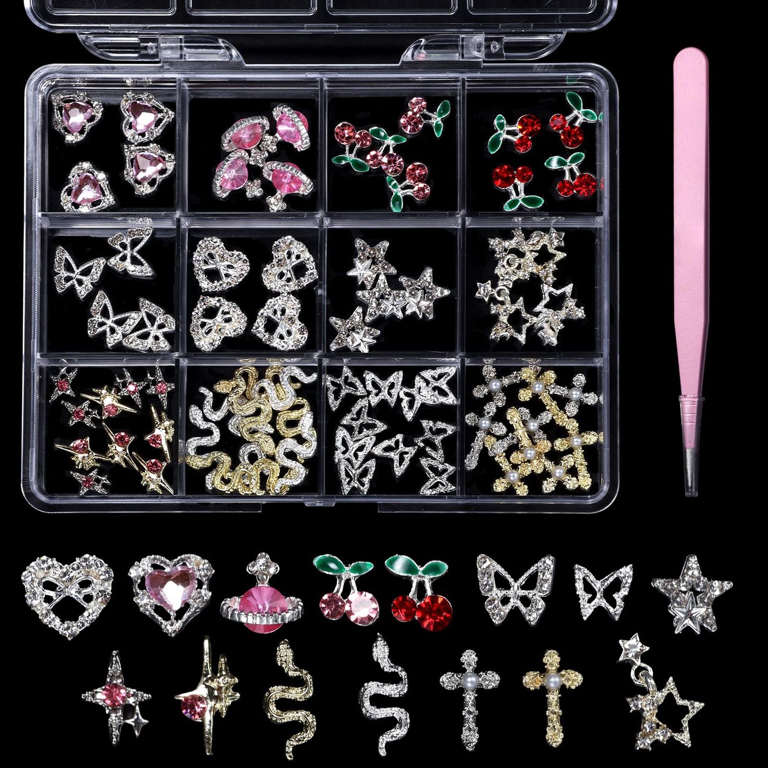 72 Pcs 3D Silver Nail Gems Charms, Butterfly Star Nail Charms Silver Snake Cross Charms for Acrylic Nails Design, Cherry Planet Nail Gems Jewels for Nail Art Supplies with Pickup Tool