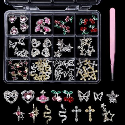 72 Pcs 3D Silver Nail Gems Charms, Butterfly Star Nail Charms Silver Snake Cross Charms for Acrylic Nails Design, Cherry Planet Nail Gems Jewels for Nail Art Supplies with Pickup Tool