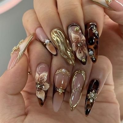 Handmade Press On Nails Almond Medium Long 3D Fake Nails with Charms Designs Flower Nails Press Ons Brown French Tip False Nail Artificial Acrylic Leopard Rhinestone Pearl Stick On Nails for Women