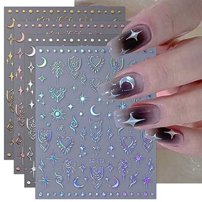 JMEOWIO 8 Sheets Aurora Holographic Moon Star Nail Art Stickers Decals Self-Adhesive Pegatinas Uas Colorful Nail Supplies Nail Art Design Decoration Accessories
