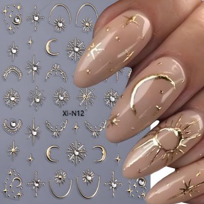 Gold Star 5D Embossed Nail Decals - Moon Star Nail Art Stickers Glitter Rhinestone Design - DIY Manicure Decoration