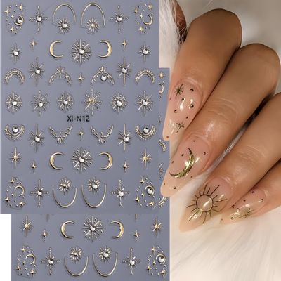 Gold Star 5D Embossed Nail Decals - Moon Star Nail Art Stickers Glitter Rhinestone Design - DIY Manicure Decoration