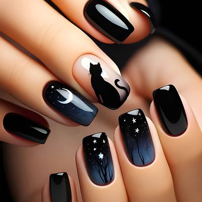 Press on Nails Square Medium Fake Nails Acrylic Nails Kit with Black Cat Pattern Design Full Cover Artificial False Nails Medium Nails Press On Glue on Nails for Women Girls 24Pcs