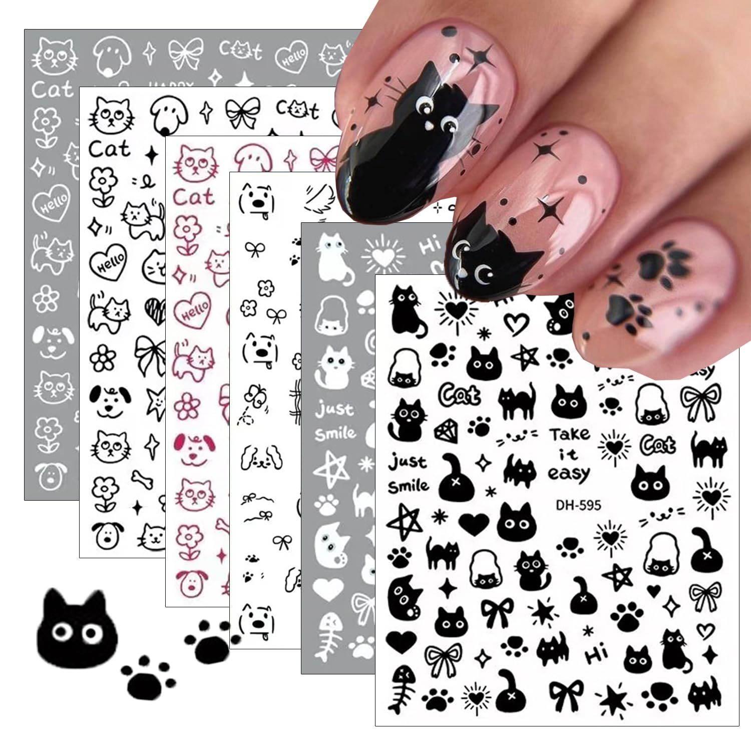 Cute Cartoon Nail Art Stickers Kawaii Cat Nail Stickers Graffiti Cat Dog Flower Star Heart Design 3D Self-Adhesive Nail Decals Black White Nail Art Supply for Women Manicure Accessories 6Sheets