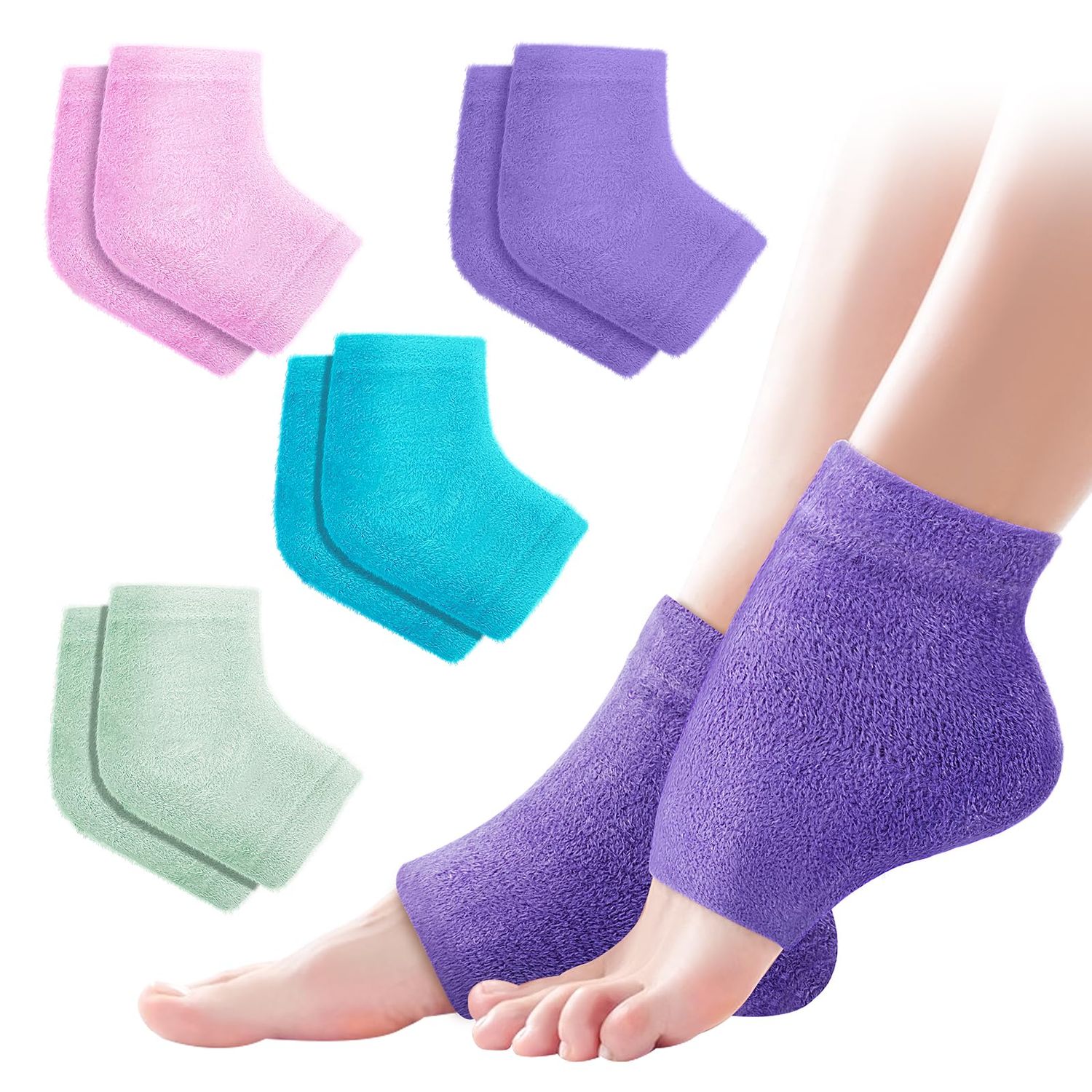 TEAWOO 4 Pairs Fuzzy Moisturizing Heel Socks for Dry Cracked Feet Women, Cracked Heel Repair, Cracked Heel &amp; Dry Foot Treatment (Pink, Purple, Blue and Green)