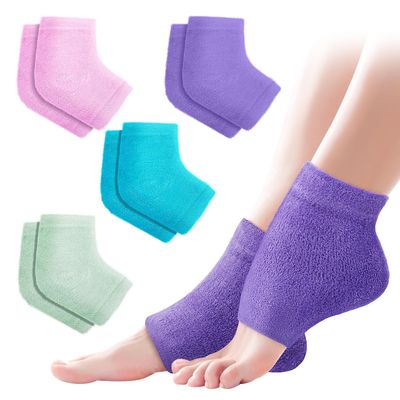 TEAWOO 4 Pairs Fuzzy Moisturizing Heel Socks for Dry Cracked Feet Women, Cracked Heel Repair, Cracked Heel &amp; Dry Foot Treatment (Pink, Purple, Blue and Green)