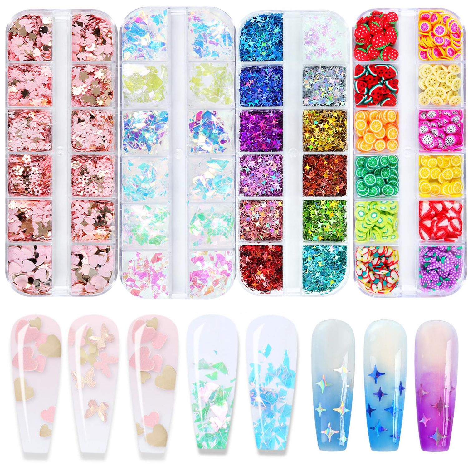 AddFavor 4 Boxes Holographic Nail Glitter Mixed Butterfly Heart Star Sequins Iridescent Flakes Fruit Nail Slice for Nail Art Decorations Supplies