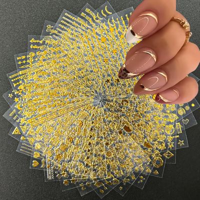 30 Sheets Gold Nail Stickers for Nail Art 3D Self-Adhesive Nail Decals Star Nail Art Stickers Line Heart Nail Design Gold Nails Supplies Decoration Accessories for Women and Girls