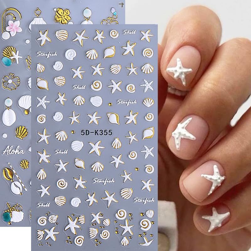 2 Sheets 5D Embossed Ocean Nail Art Stickers Decals Gold Edge Starfish Shells Flowers Nail Stickers Marine Life Self Adhesive Manicure Sliders Summer Nail Supplies for Women Girls Acrylic Nails Art