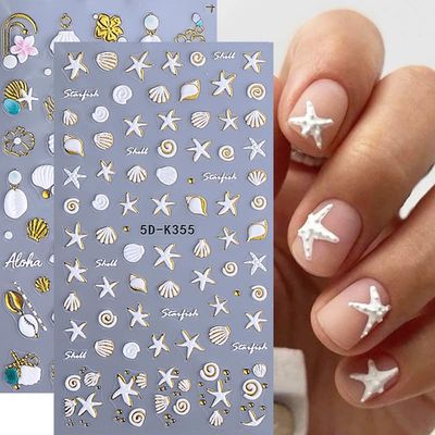 2 Sheets 5D Embossed Ocean Nail Art Stickers Decals Gold Edge Starfish Shells Flowers Nail Stickers Marine Life Self Adhesive Manicure Sliders Summer Nail Supplies for Women Girls Acrylic Nails Art
