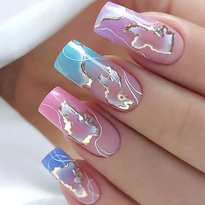 Colorful Press on Nails Square Medium Length 24Pcs Full Cover Reusable Glossy Fake Nails with Gold Foil and White Gradient Designs Artificial Acrylic Fake Nails Glue on Nails for Women Stick on Nails