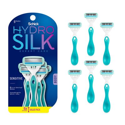 Schick Hydro Silk Sensitive Womens Disposable Razors, 6ct | 5-Blade Disposable Razors for Women Sensitive Skin | Travel Razor for Women