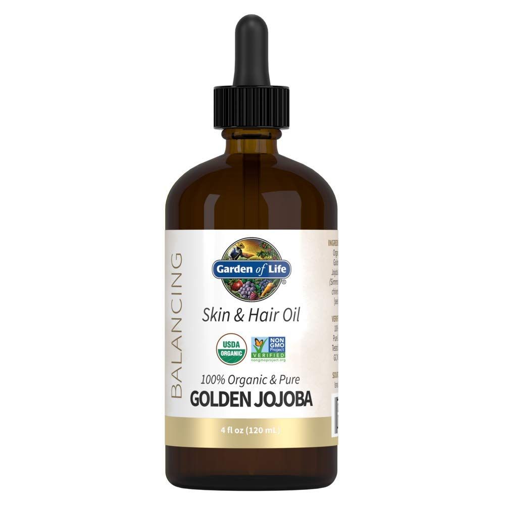 Garden of Life Jojoba Oil 100 Organic &amp; Pure Golden Jojoba Oil for Hair, Skin and Face - Cold Pressed Jojoba Body Oil, Massage, or Use as a Carrier Oil for Making Lip Balms &amp; Body Butters, 4 fl oz