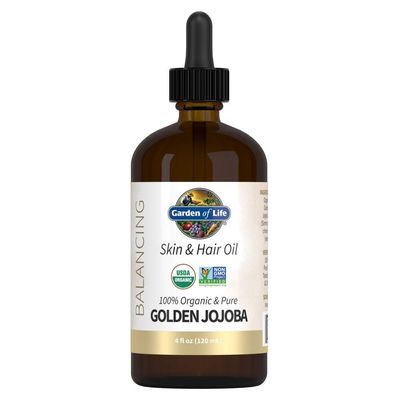 Garden of Life Jojoba Oil 100 Organic &amp; Pure Golden Jojoba Oil for Hair, Skin and Face - Cold Pressed Jojoba Body Oil, Massage, or Use as a Carrier Oil for Making Lip Balms &amp; Body Butters, 4 fl oz