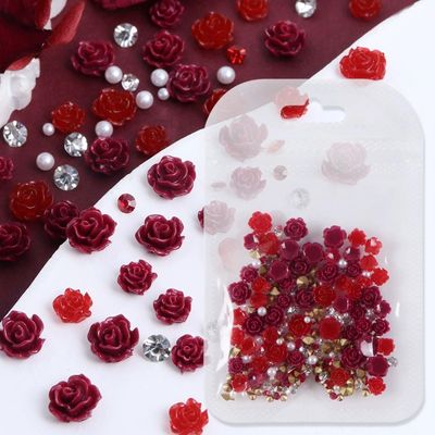 50PCS Red Rose Nail Charms Valentines Day Nail Art Charms Flatback Resin Rose Charms Gems Pearls Nail Rhinestones Red Rose Valentines Day Nail Supplies for Women Nail Art Decorations