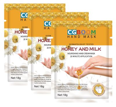 CGBOOM 3 Pairs Hand Masks Moisturizing Gloves, Hand Skin Repair Renew Mask Infused Collagen, Vitamins Natural Plant Extracts for Dry, Aging, Cracked Hands (Honey and Milk)