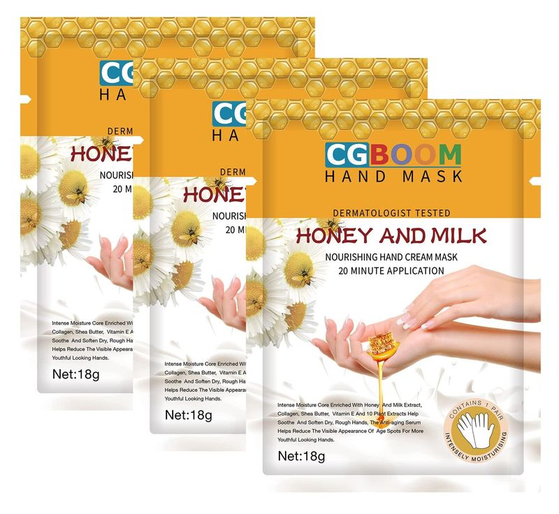 CGBOOM 3 Pairs Hand Masks Moisturizing Gloves, Hand Skin Repair Renew Mask Infused Collagen, Vitamins Natural Plant Extracts for Dry, Aging, Cracked Hands (Honey and Milk)