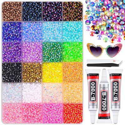 24000Pcs Resin Rhinestones with B7000 Jewelry Glue for Crafting, Multicolors 3mm Non Hotfix Flatback Gems, Bedazzling Crystal for DIY Crafts Clothing Tumblers Mugs Shoes Fabric Decor Nail Art