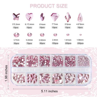 810 Pieces Multi Shapes Nail Rhinestones 60 Multi Shapes Big Gems 750 Flatback Round Beads 3D Glass AB Crystal Nails Rhinestones for Nail Art Crafts DIY Faces Makeup Stones Diamonds Jewels (Pink)