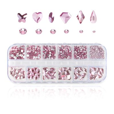 810 Pieces Multi Shapes Nail Rhinestones 60 Multi Shapes Big Gems 750 Flatback Round Beads 3D Glass AB Crystal Nails Rhinestones for Nail Art Crafts DIY Faces Makeup Stones Diamonds Jewels (Pink)