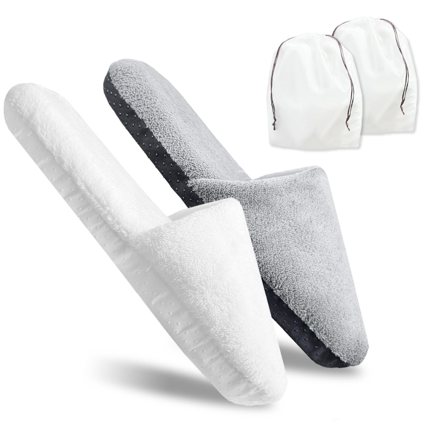 2 Pairs Disposable Slippers with Travel Bags, Large Guest Slippers House Hotel Slippers for Shoeless Home Luxury Spa Indoor Slippers for Men Pantuflas Desechables Para Invitados Washable White Gray