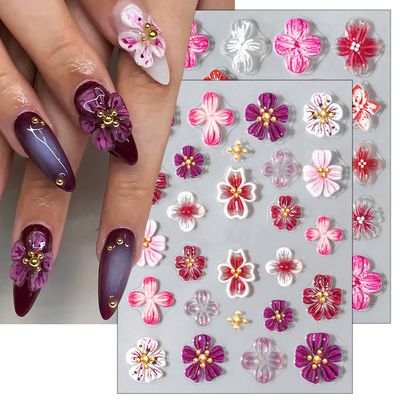 5D Embossed Hibiscus Nail Art Stickers With Gold Beads - Self-Adhesive Clear Floral Designs - 2 Sheets Autumn Flower Decals for Women Girls Manicure Art