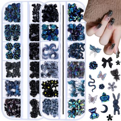 editTime 2 boxes 3D Mixed Nail Art Charms Kit, Big Resin Camellia Rose Mini Flower Butterfly Bow Moon Heart Star Bear Snake Crown Rabbit Nail Charm with Metal Nail Chain (Black)