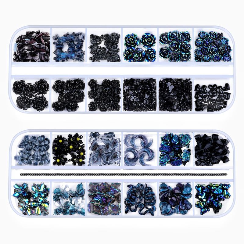 editTime 2 boxes 3D Mixed Nail Art Charms Kit, Big Resin Camellia Rose Mini Flower Butterfly Bow Moon Heart Star Bear Snake Crown Rabbit Nail Charm with Metal Nail Chain (Black)