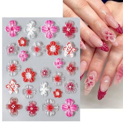 5D Embossed Hibiscus Nail Art Stickers With Gold Beads - Self-Adhesive Clear Floral Designs - 2 Sheets Autumn Flower Decals for Women Girls Manicure Art