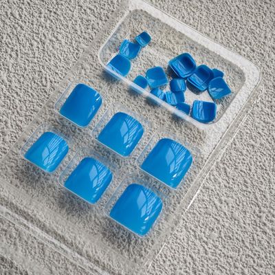 Blue Press on Toenails Glossy Full Cover Fake Toe Nails Short Square False Toenails Reusable Artificial Acrylic Glue on Toenails Summer Beach Stick on Toes for Women Girls Manicure 24 Pcs