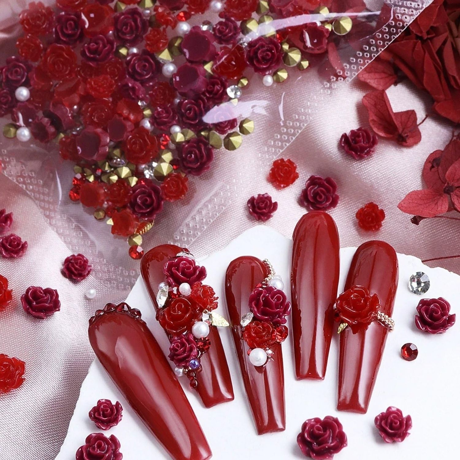 50PCS Red Rose Nail Charms Valentines Day Nail Art Charms Flatback Resin Rose Charms Gems Pearls Nail Rhinestones Red Rose Valentines Day Nail Supplies for Women Nail Art Decorations