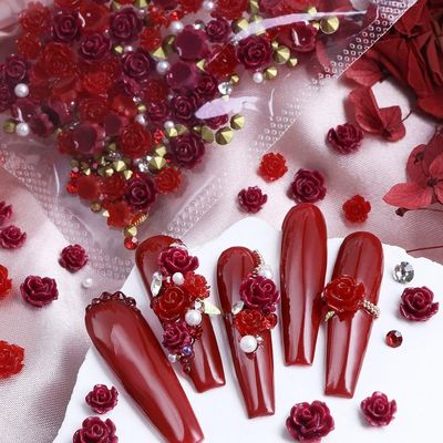 50PCS Red Rose Nail Charms Valentines Day Nail Art Charms Flatback Resin Rose Charms Gems Pearls Nail Rhinestones Red Rose Valentines Day Nail Supplies for Women Nail Art Decorations